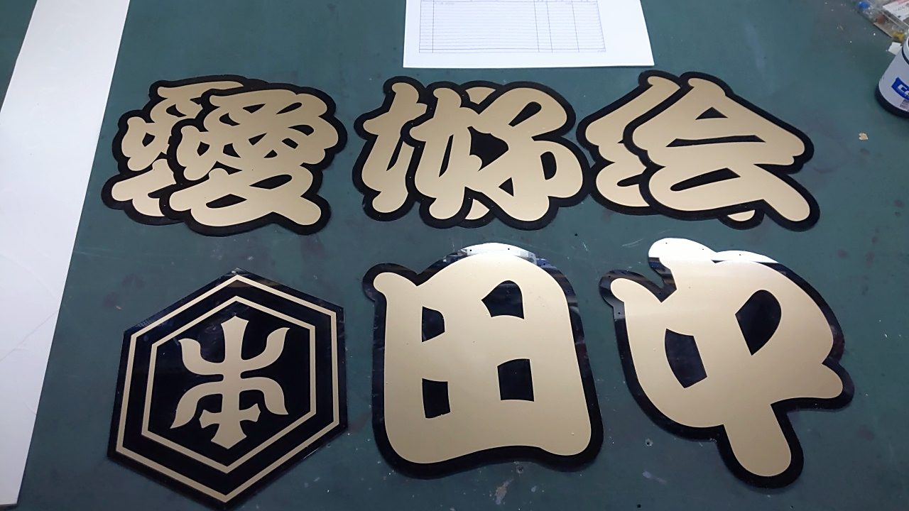 黒地に金色の切り文字で名を入れた馬飾りのネーム板